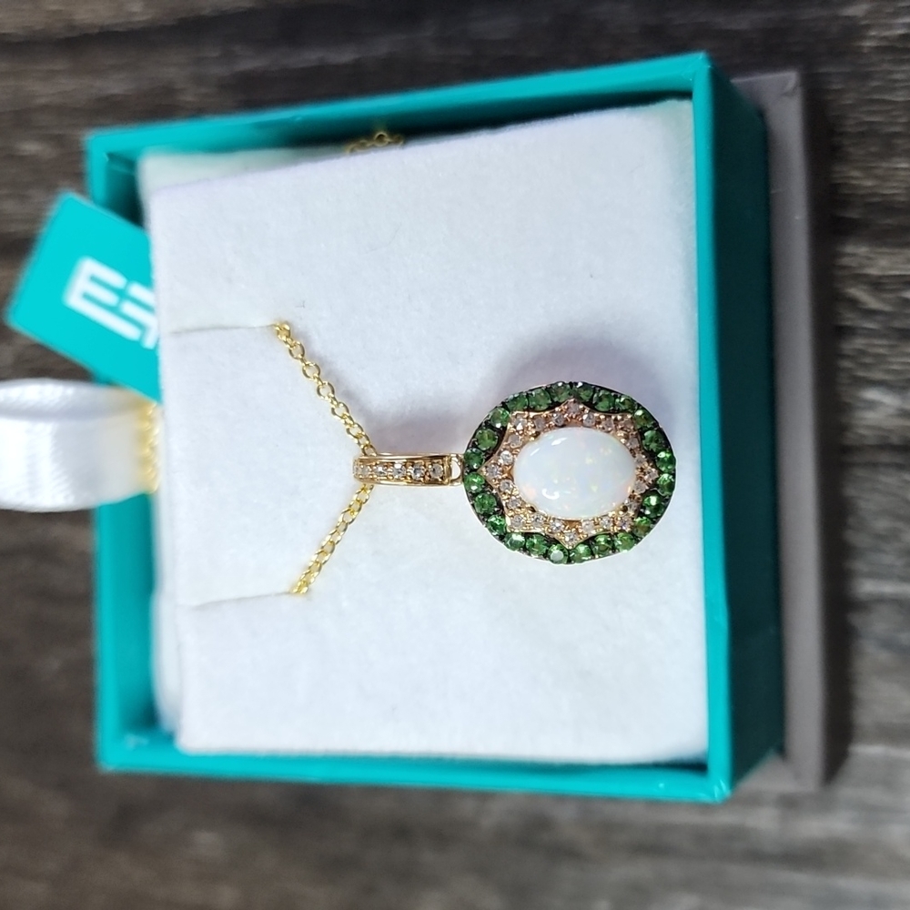 14k yellow gold diamond,opal, tsavorite necklace